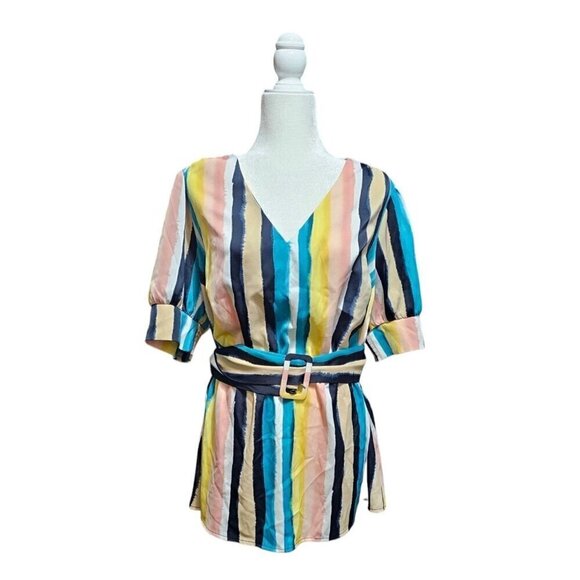 Lane Bryant satin short sleeve multicolor stripped blouse v-neck belt size 16 - Picture 1 of 7